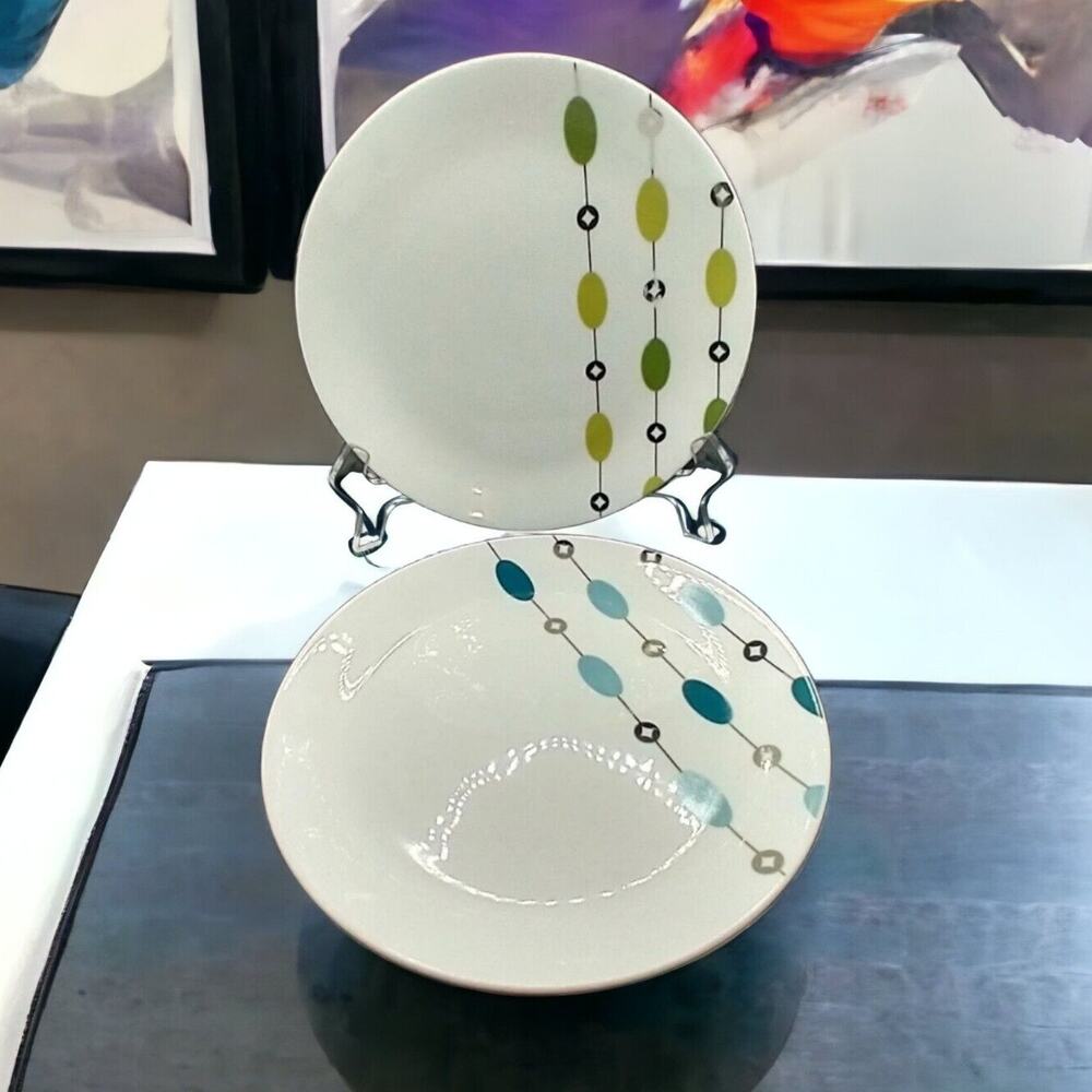 Pier 1 Beaded Garland Salad Plates 4 Blue/Silver + 2 Green/Silver 7.5" Porcelain